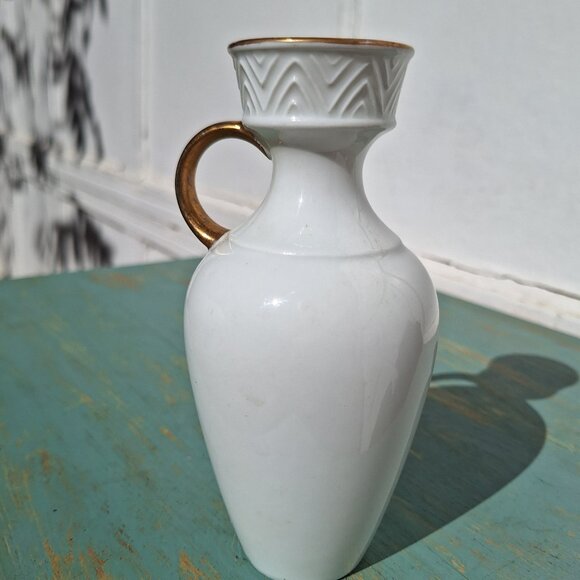Porcelain Vase Gold Leaf Handle Bavaria Germany Modern Flowers Unique Valentines - Picture 3 of 17